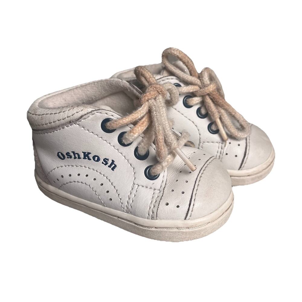 Vintage OshKosh Baby Shoes Size 3.5 Teddy Bear White Leather Lace Up Tennis Shoe